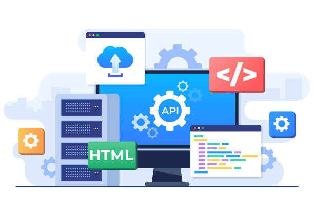 application programming interface concept, api provides the interface for communication between applications, software development tool, internet and networking, simplifying application integration - 系統(tǒng)軟件 幅插畫檔、美工圖案、卡通及圖標(biāo)