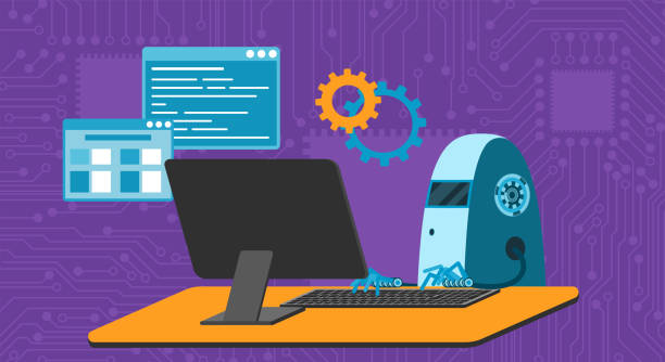 automated work of software, business project development, robot using keyboard at table - 系統(tǒng)軟件開發(fā) 幅插畫檔、美工圖案、卡通及圖標(biāo)