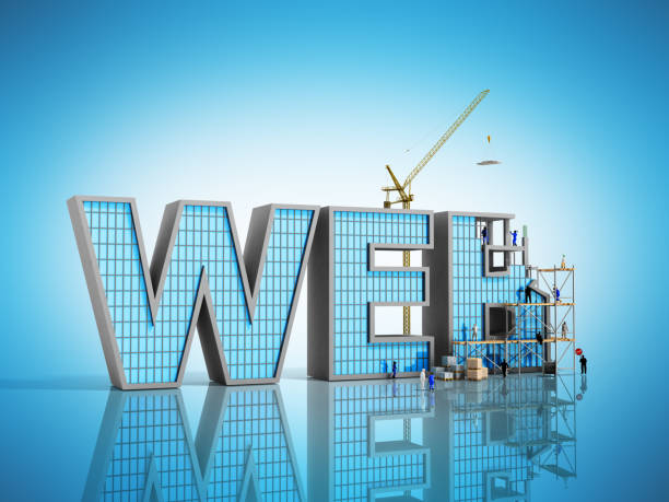 網(wǎng)頁(yè)程式開(kāi)發(fā)概念建設(shè)者正在題字 web 上藍(lán)色 3d 插圖 - 網(wǎng)站門戶搭建 個(gè)照片及圖片檔